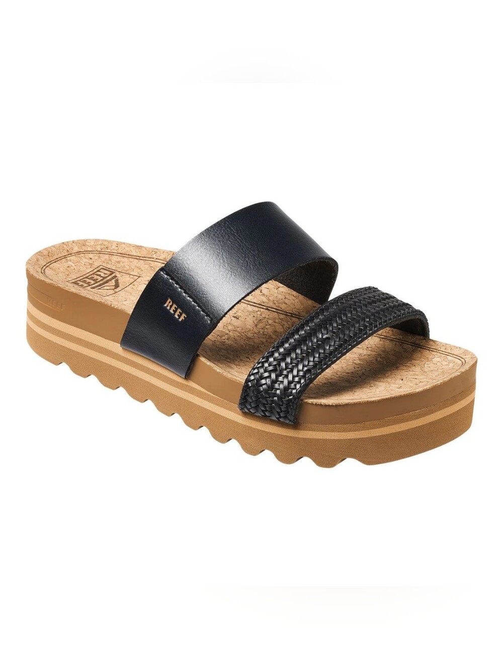 Reef Cushion Vista Two-Band Slide Sandal in Black and Tan
